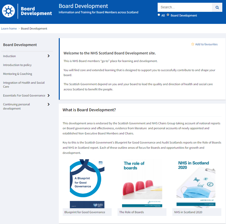Board Development site homepage on TURAS Learn