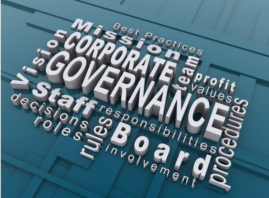 Corporate Governance word cloud - best practice, vision, team, values, responsibilities, Board, decisions, roles