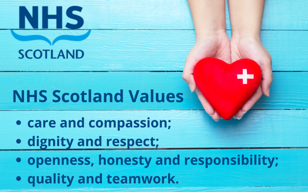 NHS Values care and compassion; dignity and respect; openness, honesty and responsibility; quality and teamwork.