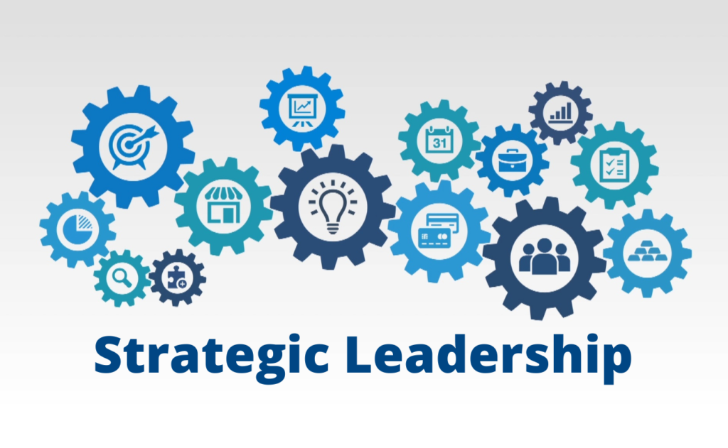 Strategic Leadership with icons of people, ideas, hospitals.